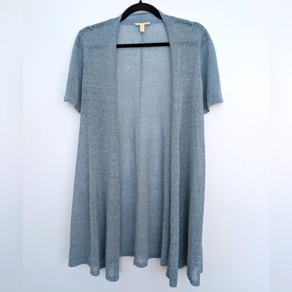 Eileen Fisher Organic Linen Blend Sheer Crepe Shimmer Open Front Cardigan Sz PM